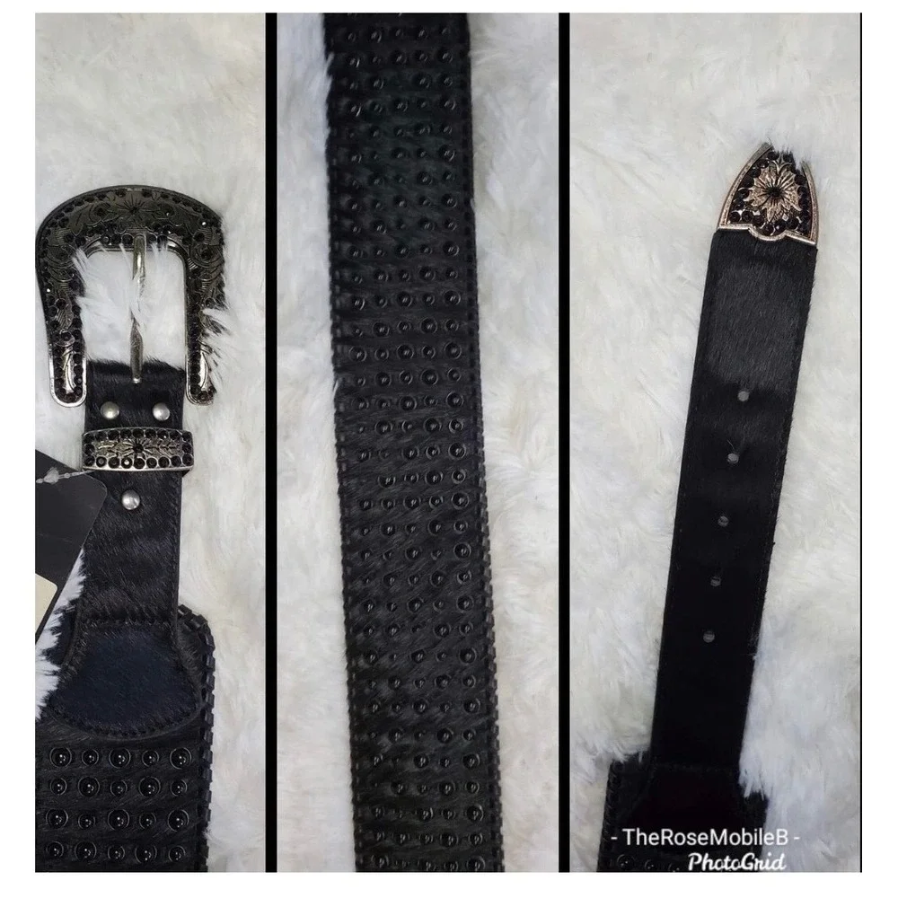 Western Leather Belt Womens S/M Black Hair on hide Rhinestone Studded Bling New